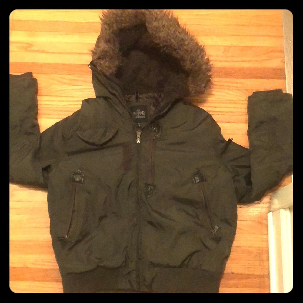 Men’s deep green fur hooded bomber coat